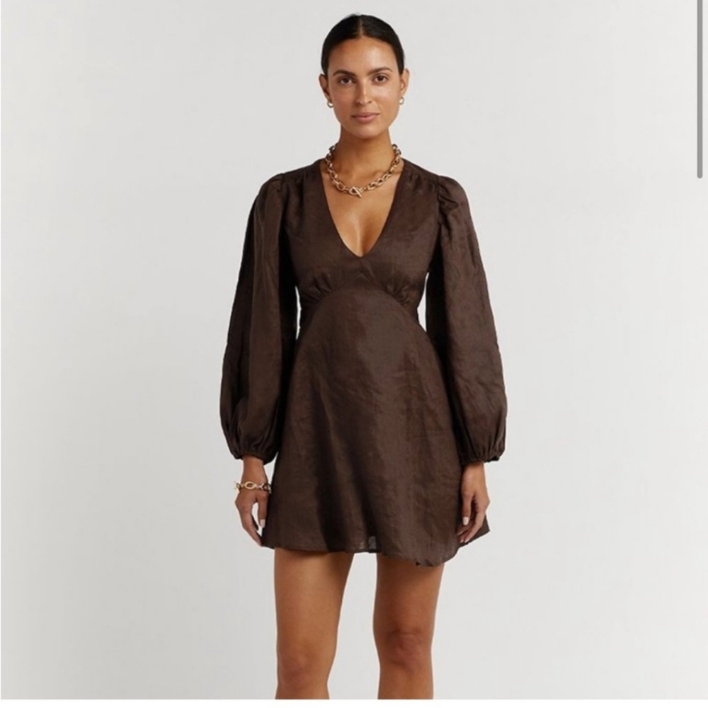 DISSH Rosa Linen Puffy Sleeve Mini Dress Brown Size 6